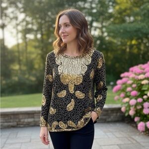 Vintage Joseph Le Bon 100% Silk Elegant Black and Gold Beaded Paisley pattern to